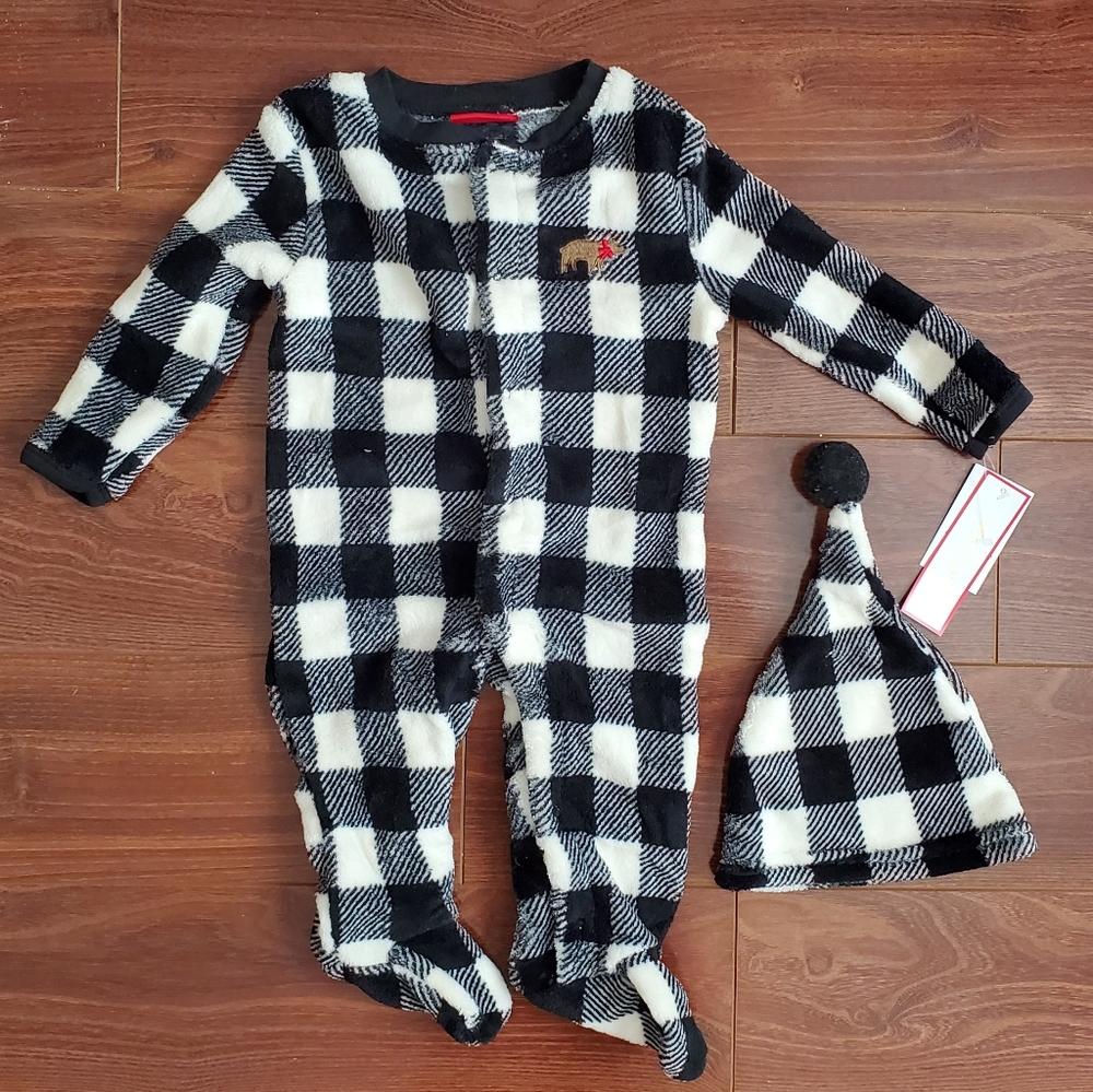 Fleece coverall/footie pajama and hat set. Black and white plaid.